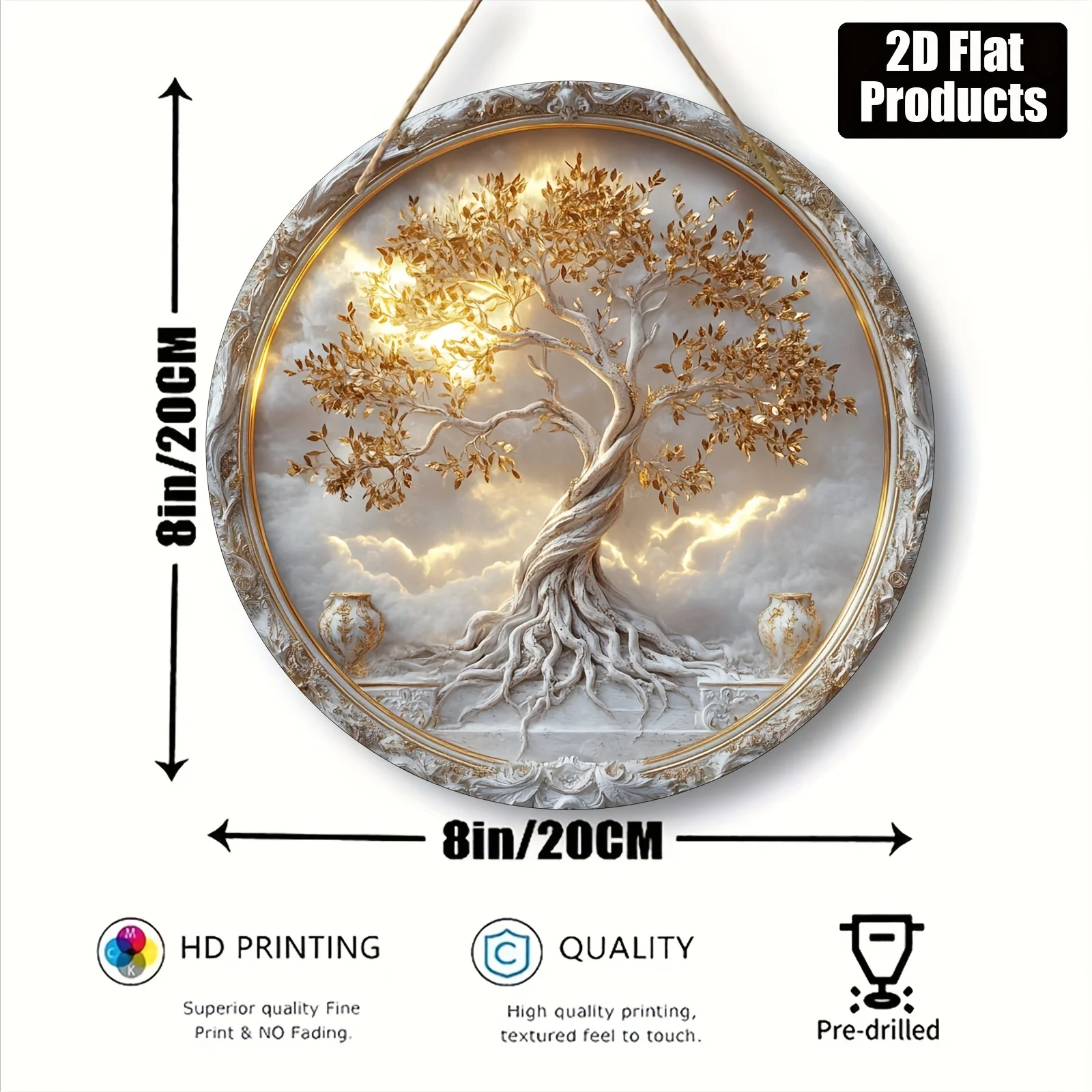 2D Flat - A Round Wooden Decorative Sign with a Tree of Life Theme, Designed for 2D Flat Printing, Non-Electric, Made of Wood, F