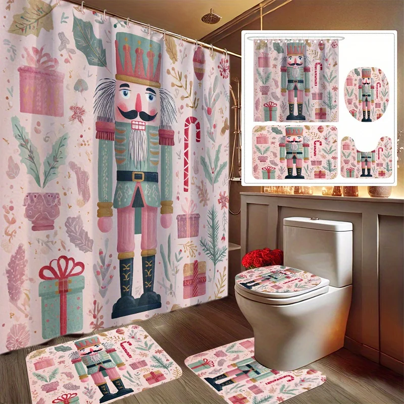 

Рождественский набор занавесок для душа «Щелкунчик» из 4 предметов с нескользящим ковриком и крышкой для унитаза, высококачественный вкладыш и 12 крючками для праздничного декора