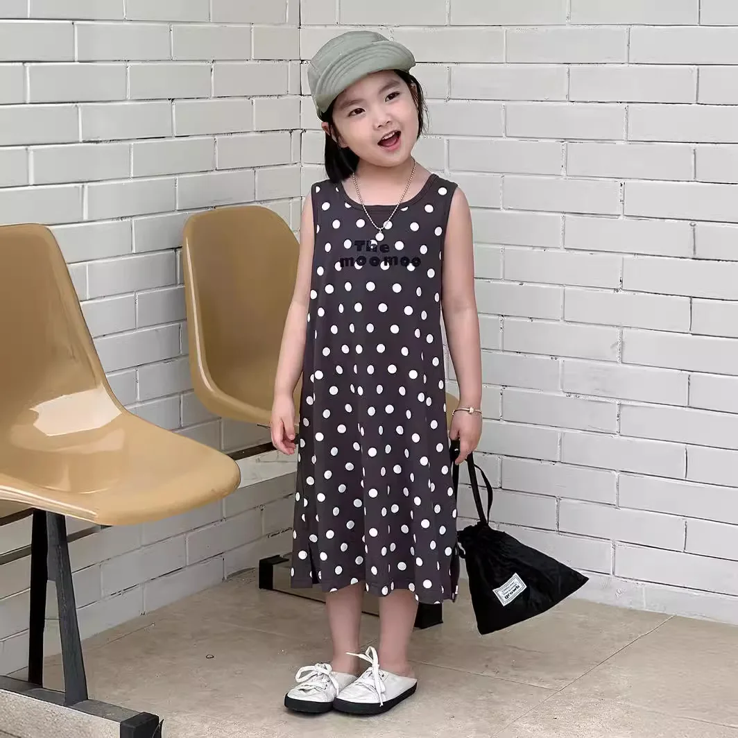 Girls Casual Dresses Korean Girls Dots Knitting Summer New Baby Printing Long Wave Point Round Collar 2024 Sleeveless