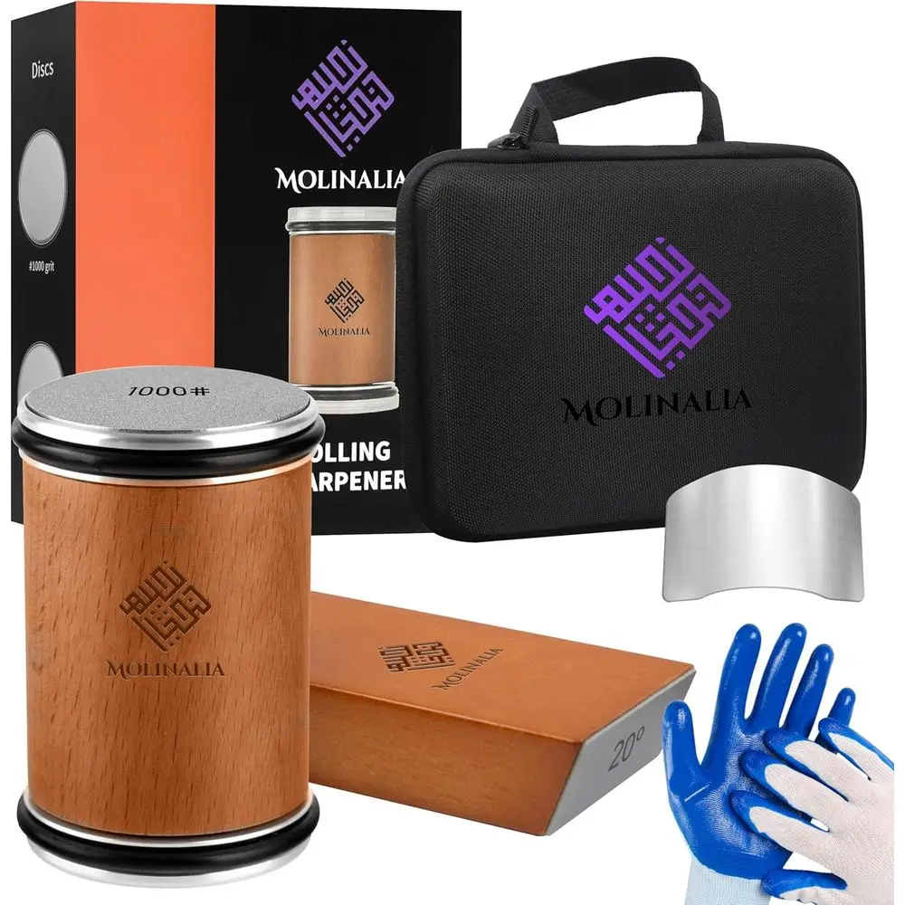 

Multi Angle Knife Sharpener with Diamond & Ceramic Discs 1000/3000, Tumbler Style with Finger Guard, Gloves & Travel Bag