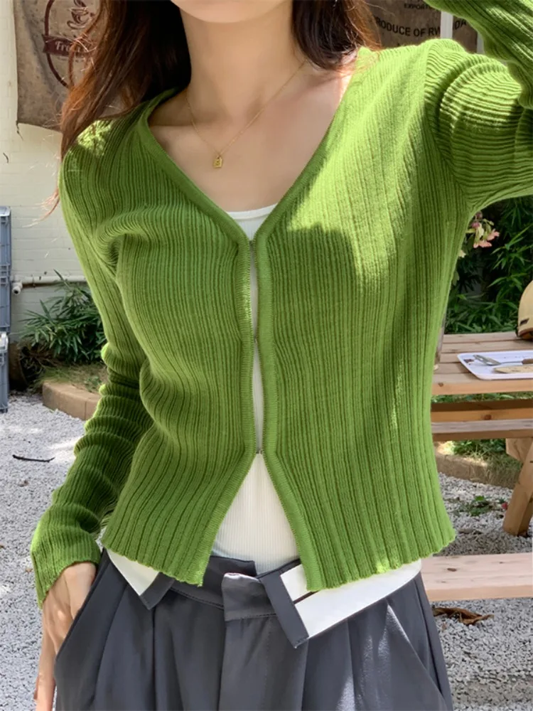 2024 Autumn Streetwear Knitted Cardigan Y2k Aesthetic Solid Slim Fit Sweet Ins Cardigans Women Hollow Out Harajuku Crop Coats