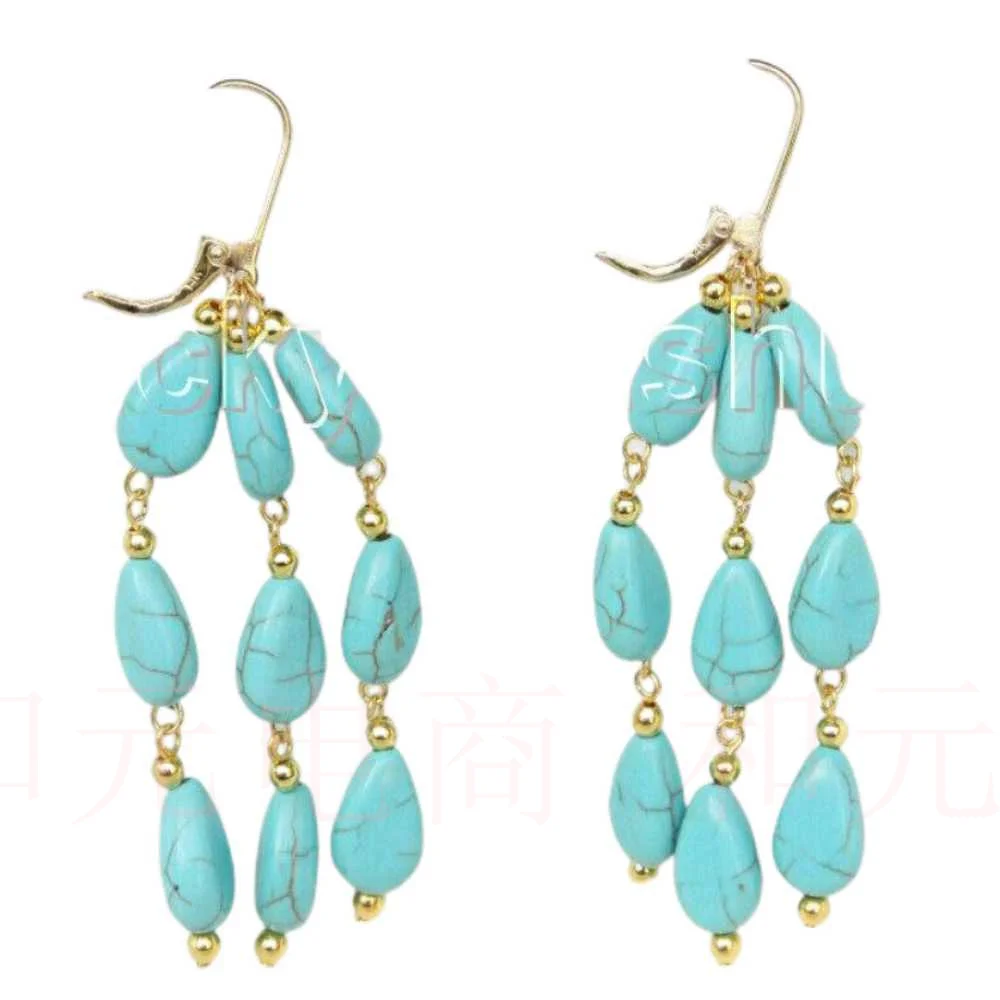 AAA natural blue Dangle drop turquoise beads earrings 14K solid gold Art Bridal Bohemian Hoop Men Office Custom Unisex Stud