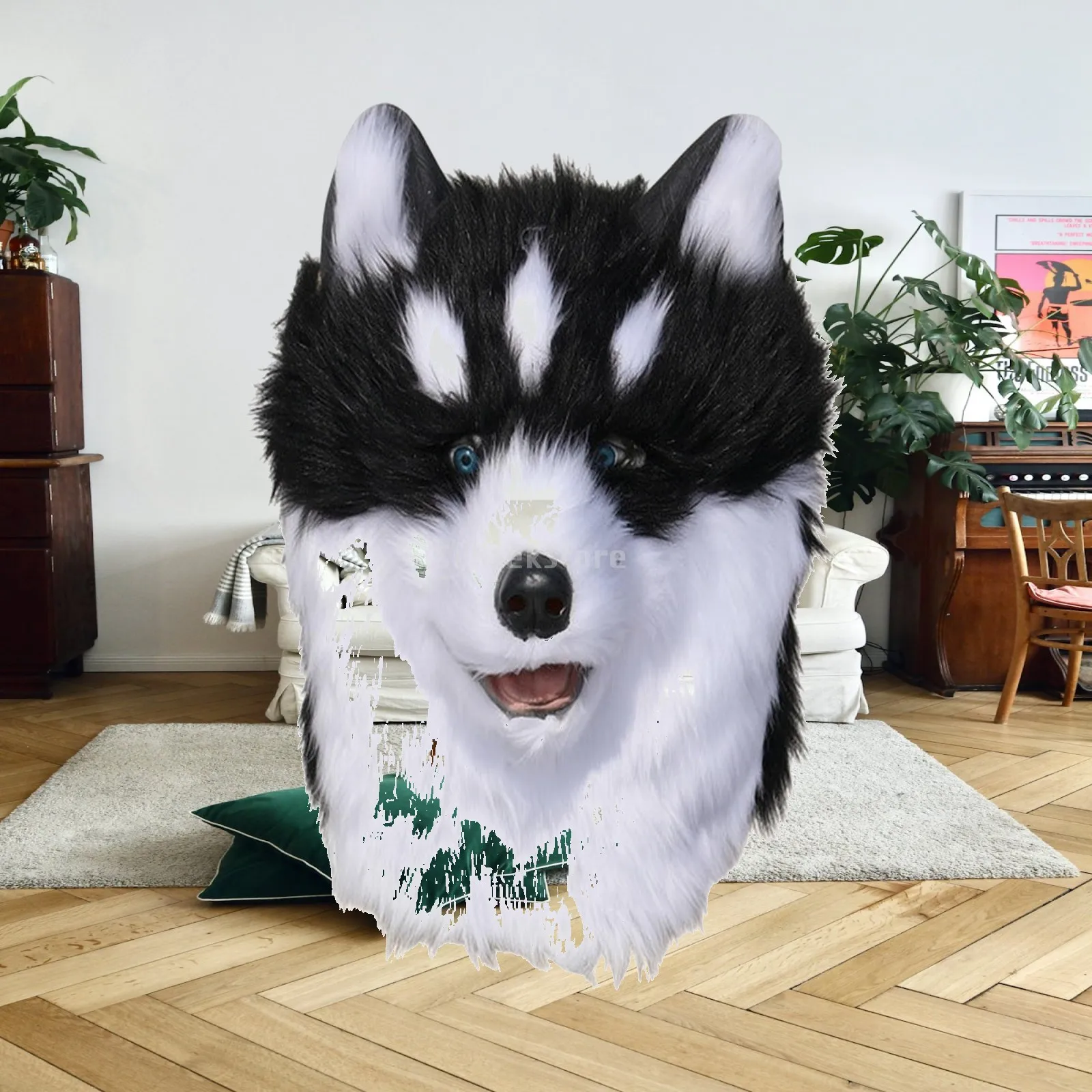 Soft Plush Husky Headpiece Full Face Mask for Halloween Costume Party and Themed Stage Show with Built in Vision