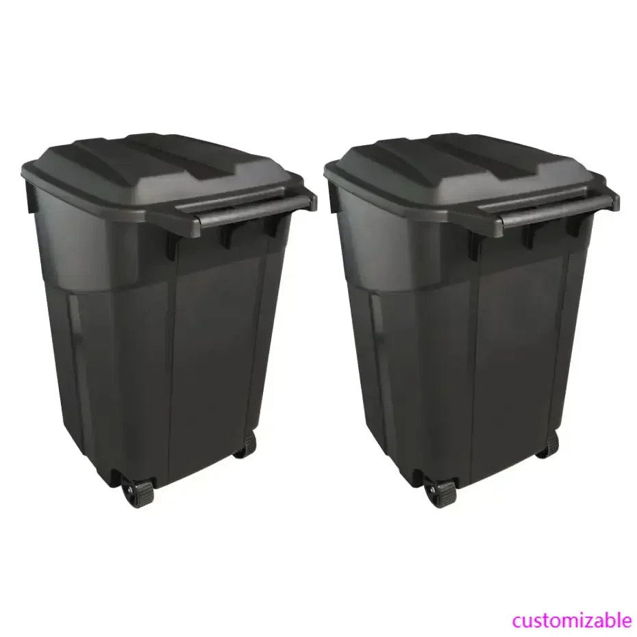 

2 PCS 45 Gallon Heavy Duty Plastic Garbage Cans Trash Cans Rubbish Bin Attached Lid 2 Built in Rugged Wheels
