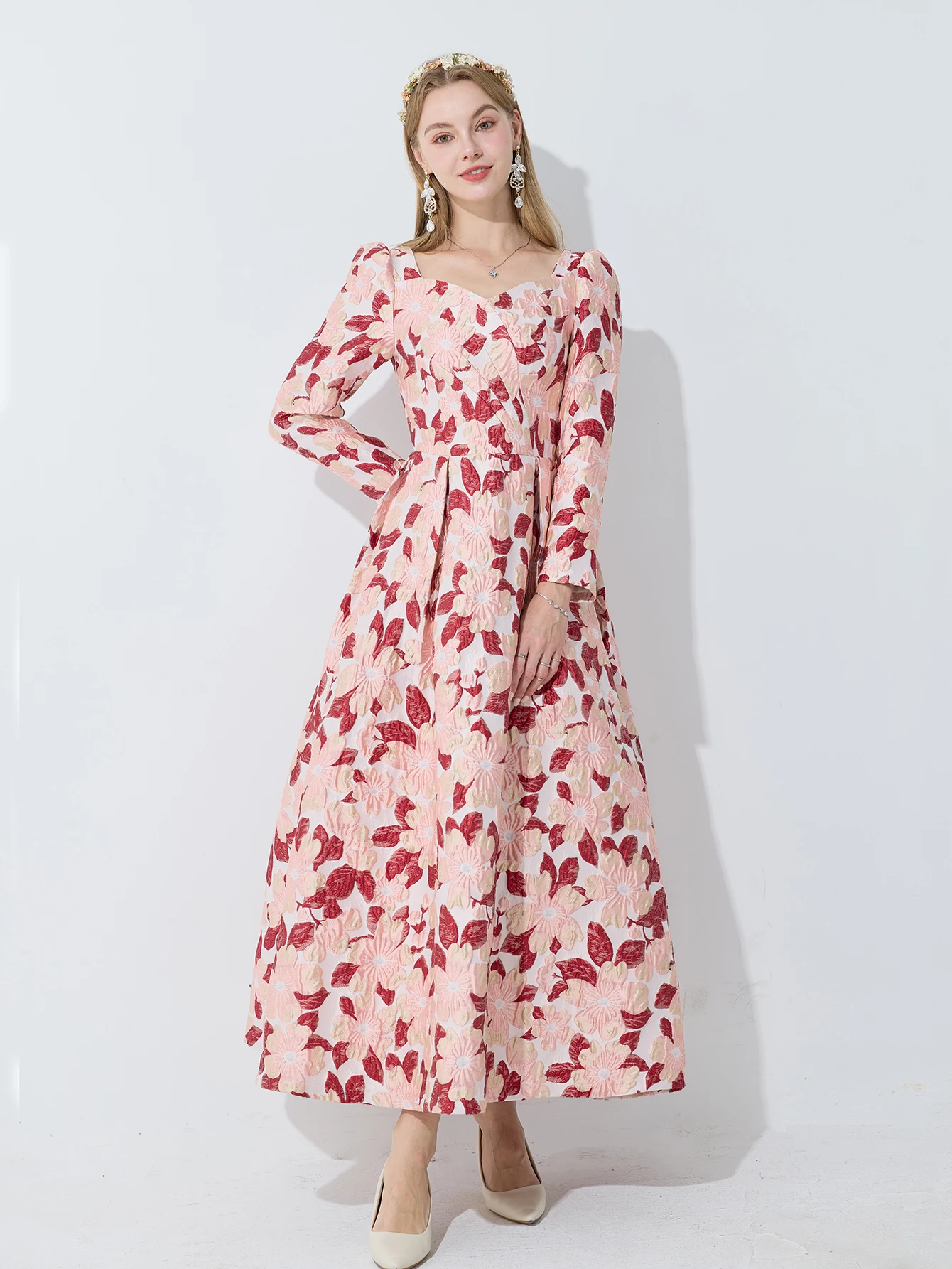 

DEVCHATA Elegant Women Long Sleeve Maxi Dress Boho Floral Jacquard Fashion Party Casual Clothing Ball Gown Vestidos