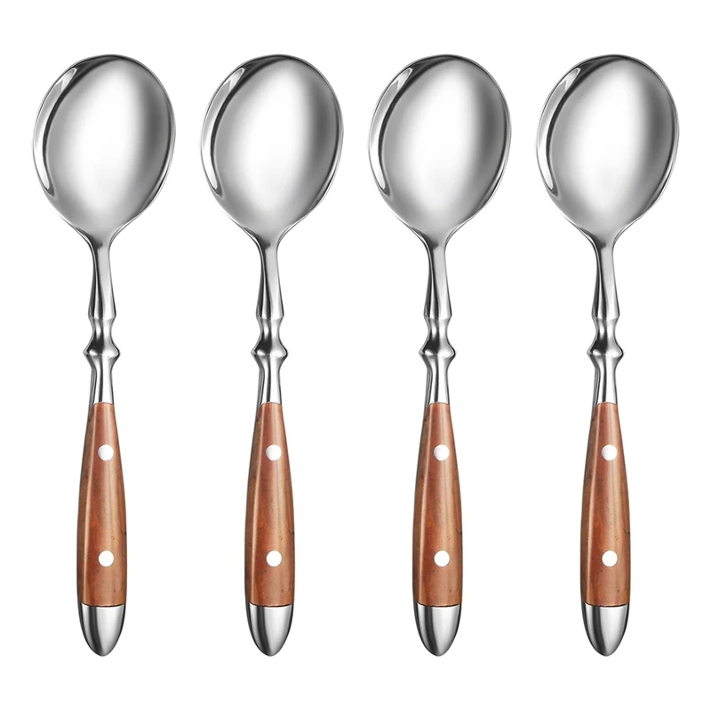 4Pcs Soup Spoons Set,Stainless Steel Spoons With Comfortable Bakelite Handle,Heavy-Weight Metal Round Spoons