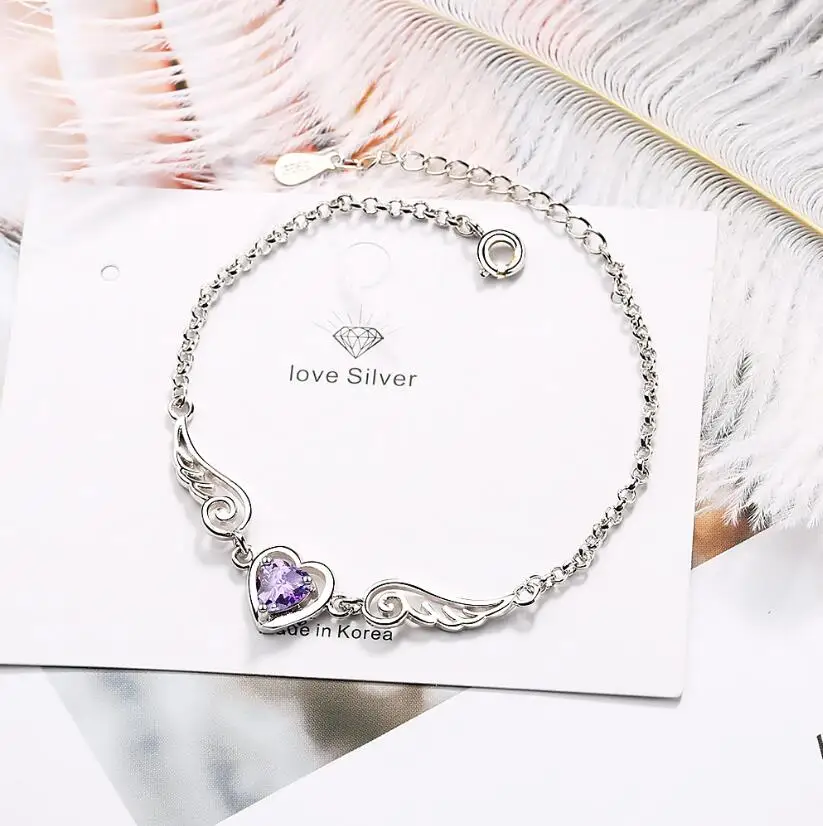 Heart Natural Amethyst 925 Sterling Silver Angel Wings Bracelet for Women Fashion Purple Gemstone Statement Jewelry Pulseiras