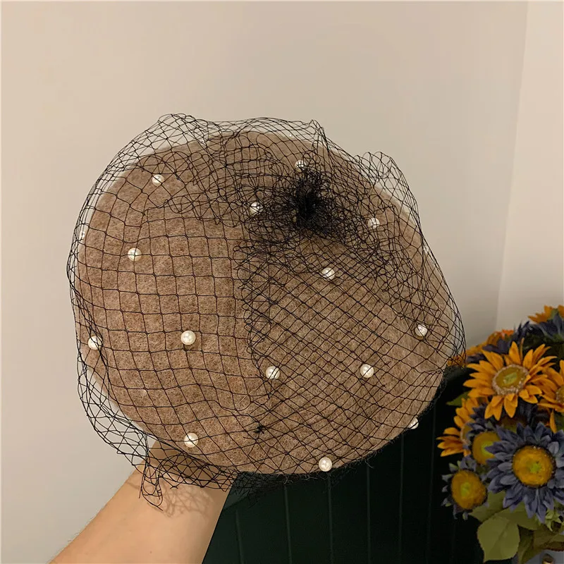 New Fashion Autumn Winter Female Beanie Beret Pumpkin Women Mesh Veil Wool Beret Luxury Sparkling diamond Pearl Painter Hat