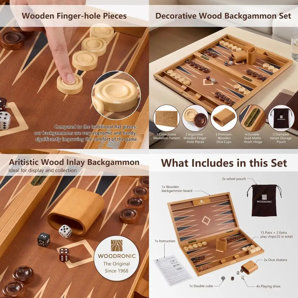 

Classic 17 Wooden Backgammon Travel Set with Inlaid Board, Folding Case, and Dice