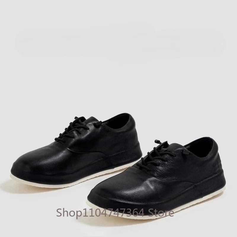 Designer Premium Cowhide Handmade Casual Shoes Men's Oxfords Platform Soft Sole Vintage Lace‑up Daily Walking Shoes Male Youth