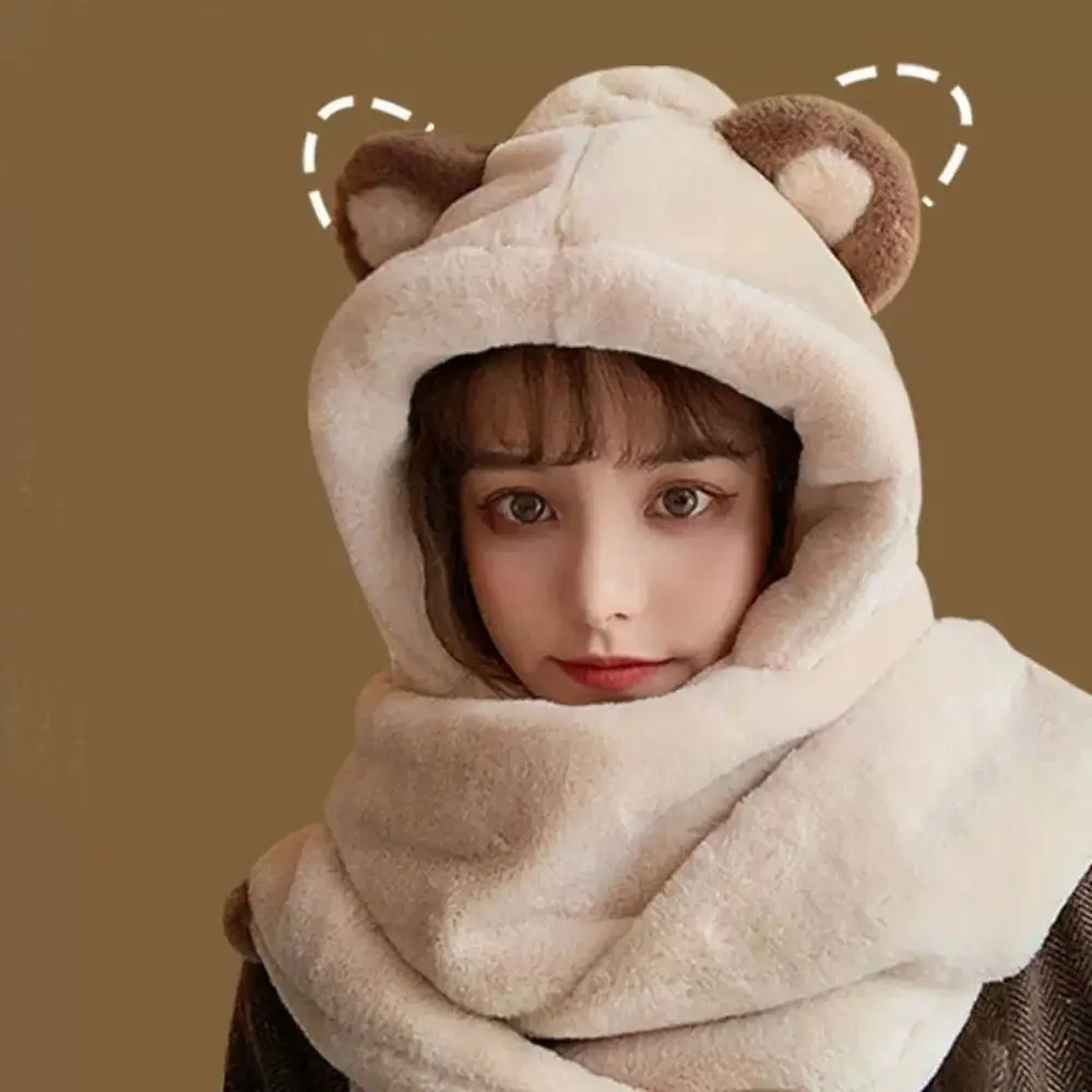 Gorro de felpa con orejas de oso de dibujos animados para mujer, bufanda con capucha cálida a prueba de viento, gorro de protección suave para los oídos, invierno, nuevo