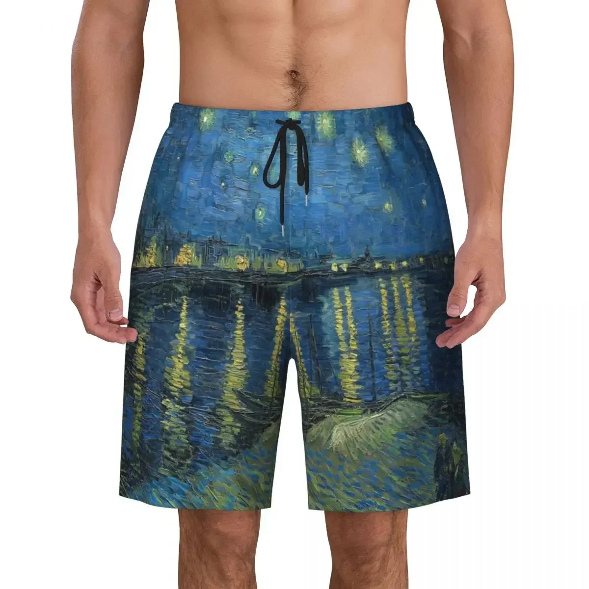 Custom Starry Night Over The Rhone Swim Trunks Men Quick Dry Board Shorts Vincent Van Gogh Bathing Suits Boardshorts