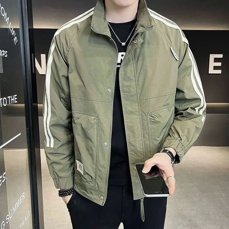 Street Fashion Trend Autumn New Jackets Men Stand Collar Contrast Color Zipper Korean Young Style Long Sleeve Cargo Coats Tops