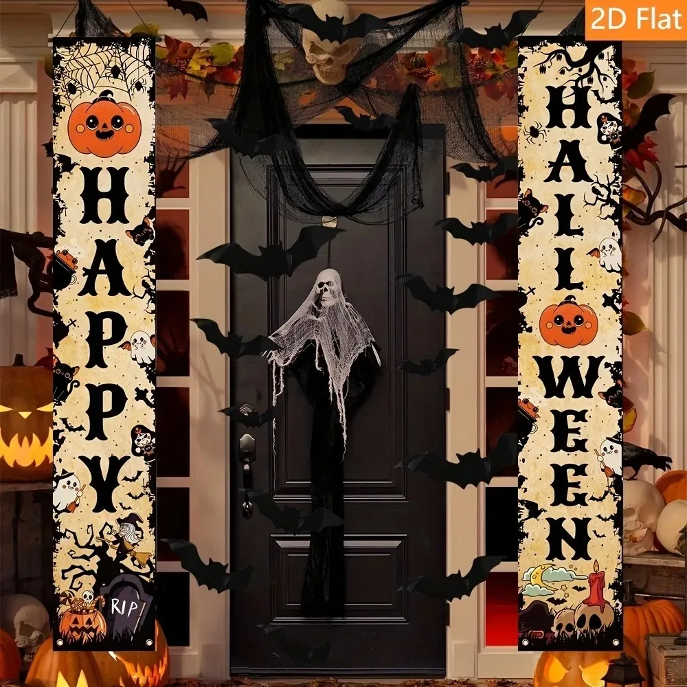 Happy Halloween Vertikales Verandabanner-Set Vintage Kürbis Geist Spinne Totenkopf Fledermaus Türdekorationen für Halloween Hängedekorationen – Detail 5