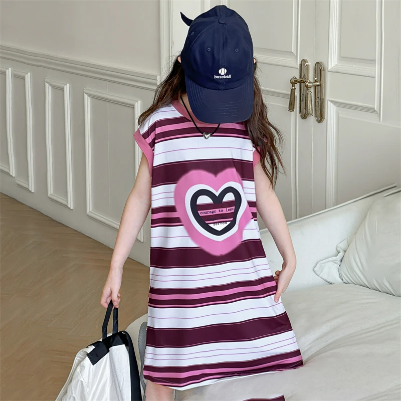 Elegant Girls Sleeveless Dress with Heart Print for Tweens Child Slim Fit Fashion Streetwear Summer Clothing Kids Stripe Dresses