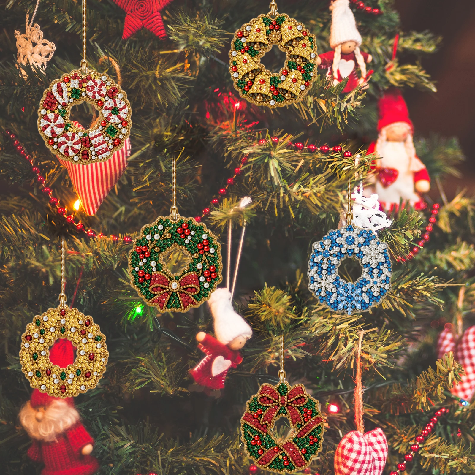 DIY Diamond Painting Acrylic Christmas Ornaments 6pcs Pearl Rhinestone Pendant Kit Pre-drilled Holes Jute Rope