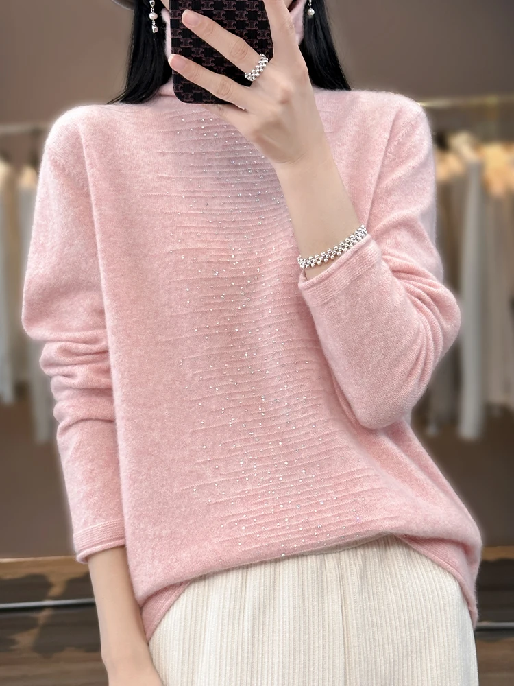 Women 100% Pure Wool Sweater High Collar Pullover 2024 Autumn/Winter Woman Loose Soft Knit Stacked Collar Long sleeves Warm Tops