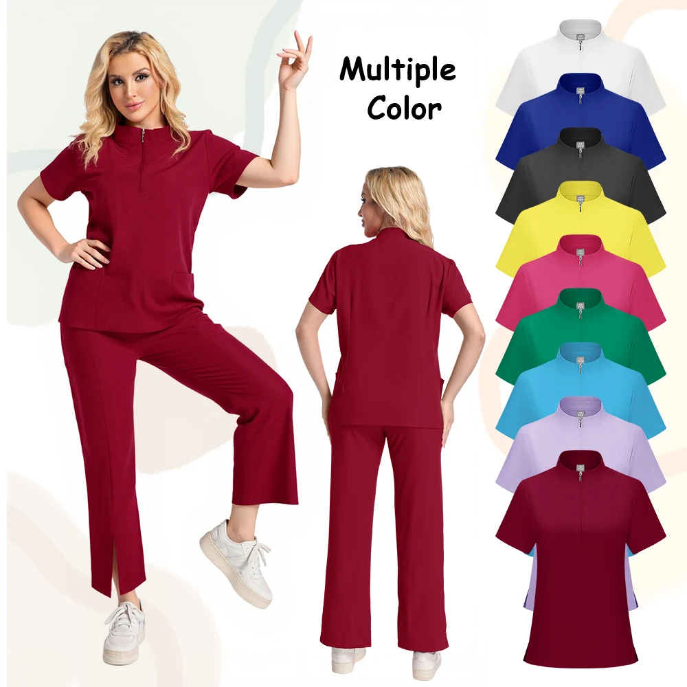 Venta al por mayor, uniforme médico de moda de alta calidad, pantalones superiores para enfermeras, cuello levantado elástico, uniformes quirúrgicos para enfermera y Doctor para mujer