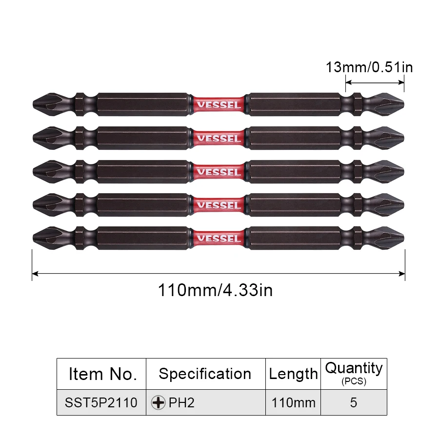 

VESSEL 5PCS 110mm PH2 Double-Head Screwdriver Bit Set Phillips Screws Drill Bit Hand Tool Accessories NO.SST5P2110