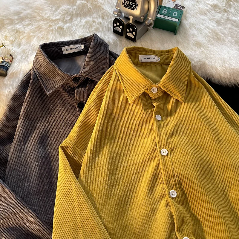 Corduroy Long Sleeve Men's Shirt Autumn Season Ins Hong Kong Style Design Unique Couple Turn-down Collar Shirt Jacket