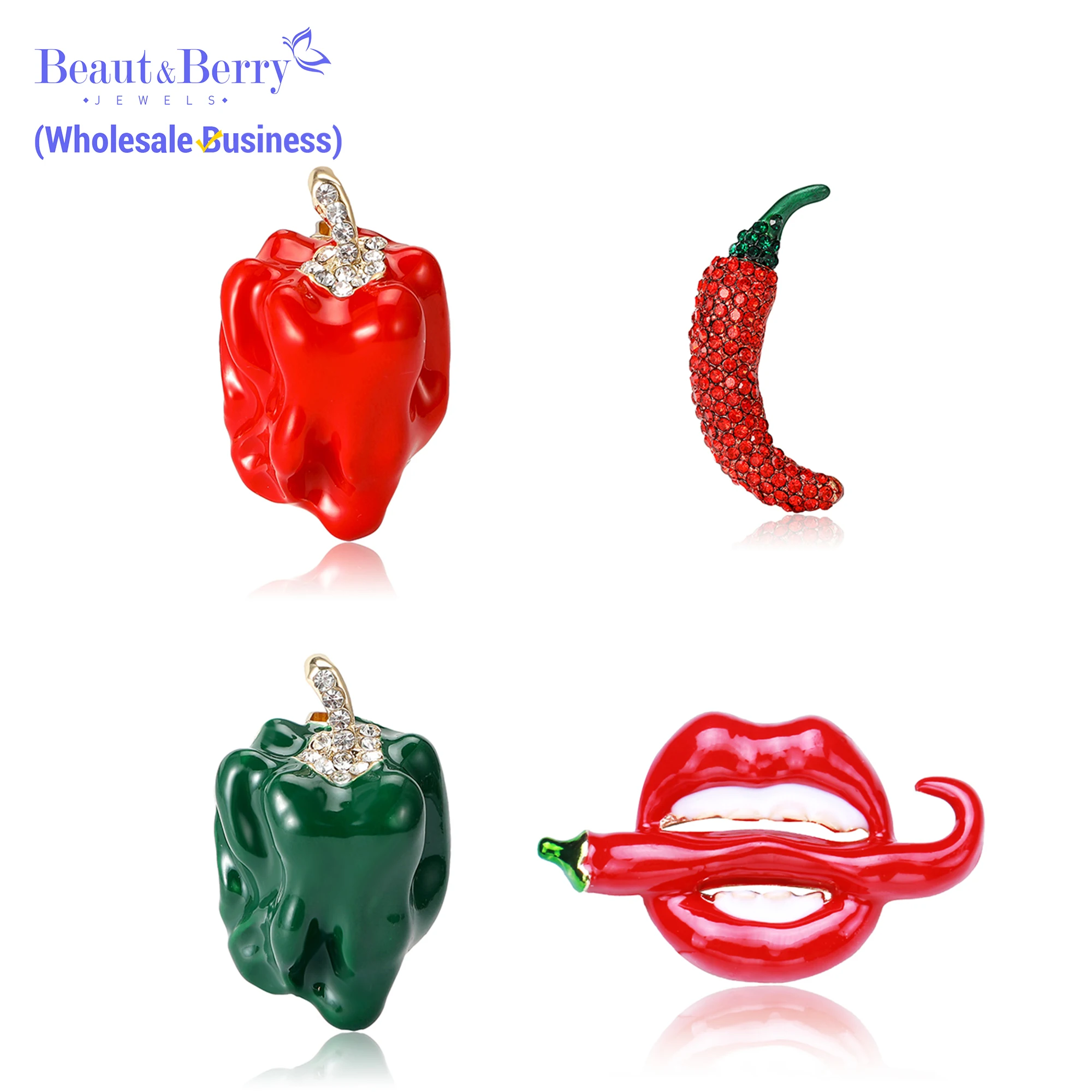 Beaut&Berry Trendy Luxury Rhinestone Chili Pepper Brooch Unisex Plant Pin Sweater Jacket Office Party Casual Accessory Gift