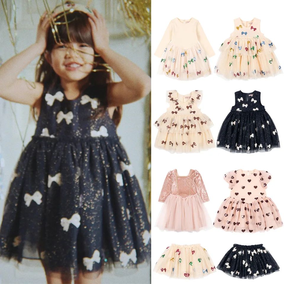 

Autumn Winter New Arrival Girls Velvet Long Sleeve Dress with Butterfly Knot Tulle Sequin Design Children's Fashion Dress