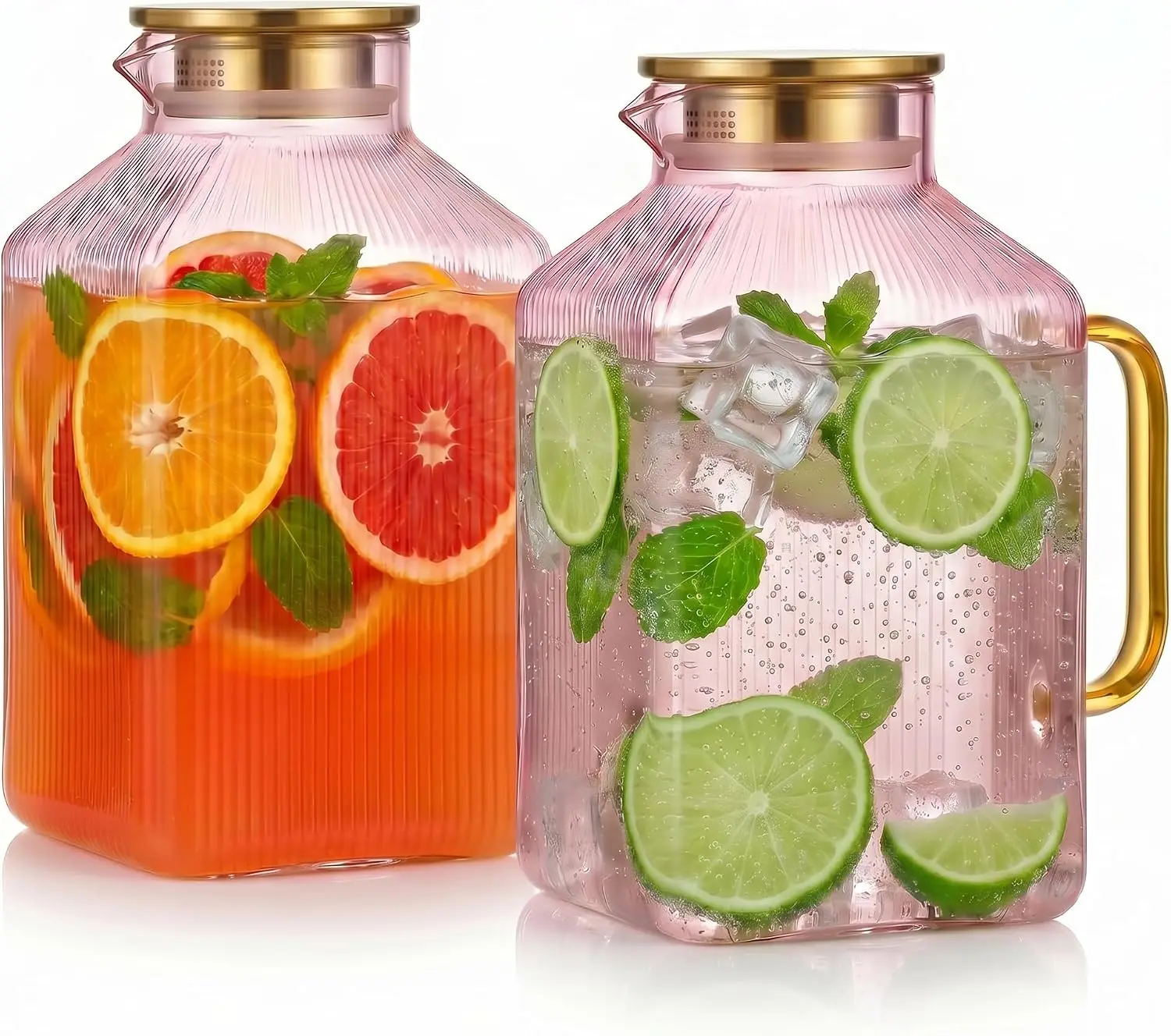 Glass Pitcher with Lid, 2 Pack 1 Gallon Ribbed Pink Glass Square Water Carafe with Spout, Airtight Seal Thickened Pitcher for Fridge, Hot/Cold Brew, Iced Tea, Coffee, Juice