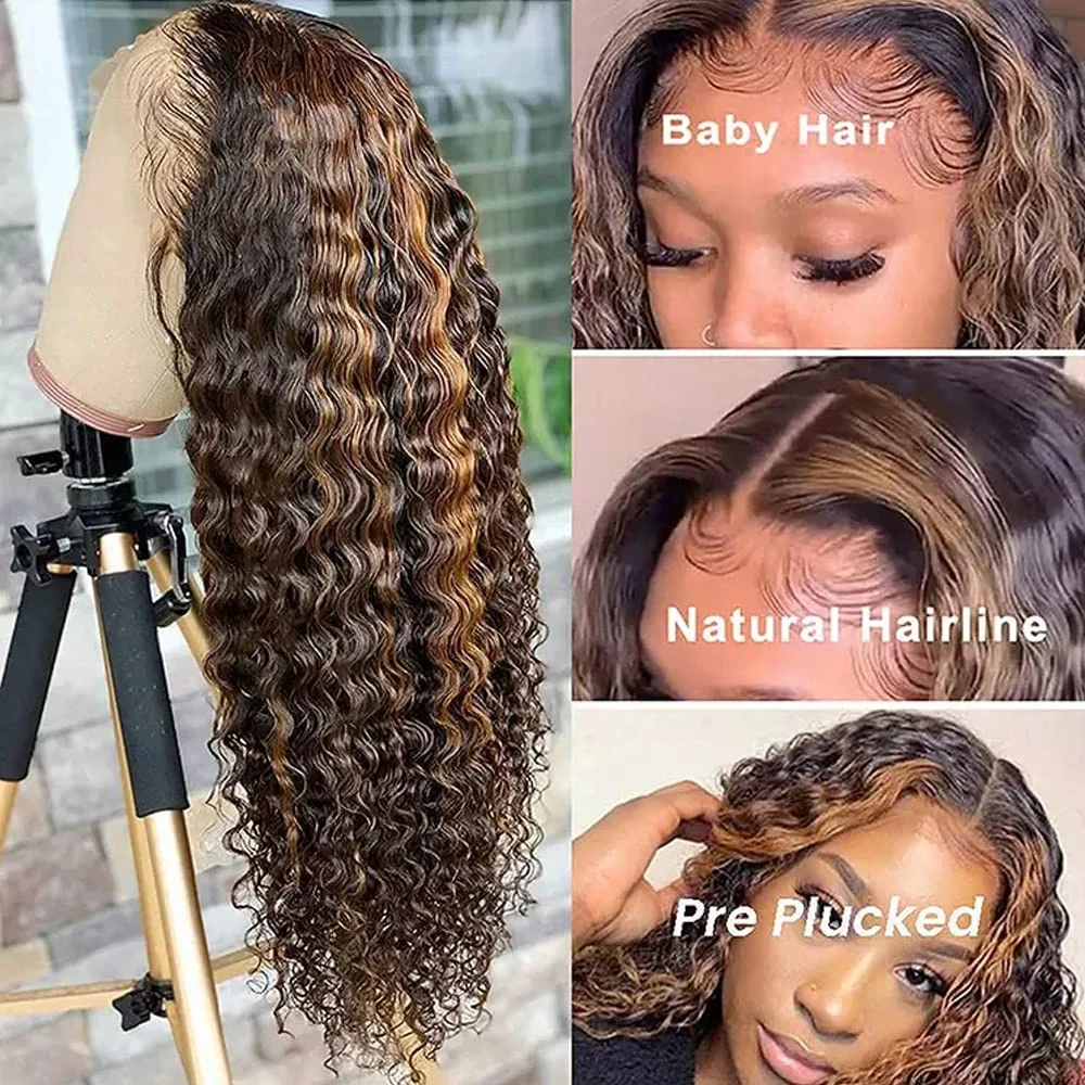 30 Inch Ombre Highlight Deep Curly 13x4 Lace Frontal Wig For Women Water Wave Curly HD Lace Front Synthetic Wig With Baby Hair