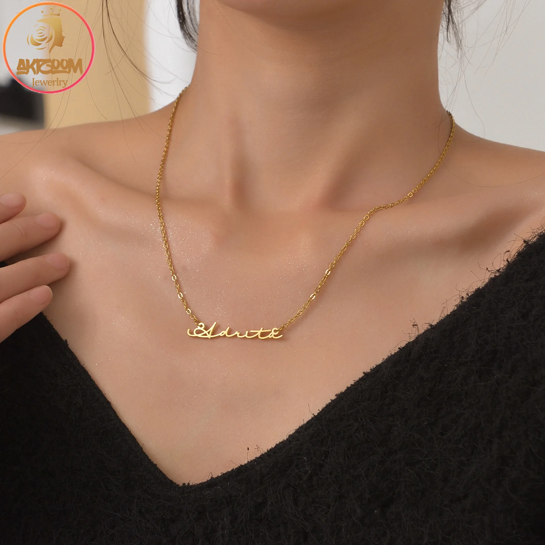 

Akizoom Custom Name Necklace for Women Stainless Steel Personalized Letter Gold Color Necklace Trendy Chain Pendant Gift