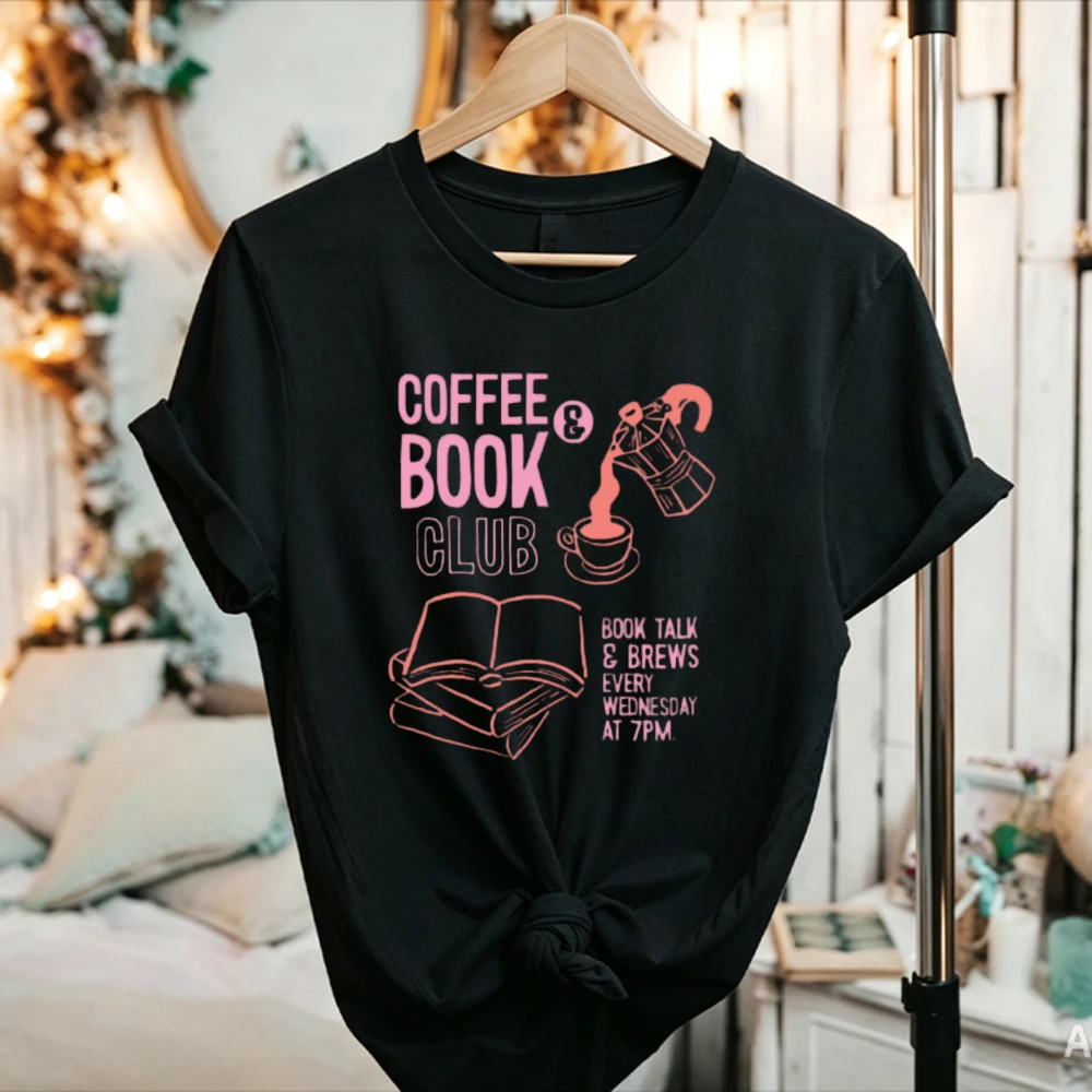 Coffee and Book Club Graphic Tee Coffee Lovers Lovers Shirt Book Talk Brews Stack of Books Reading T Shirt Club Gift Y2k Top Tee