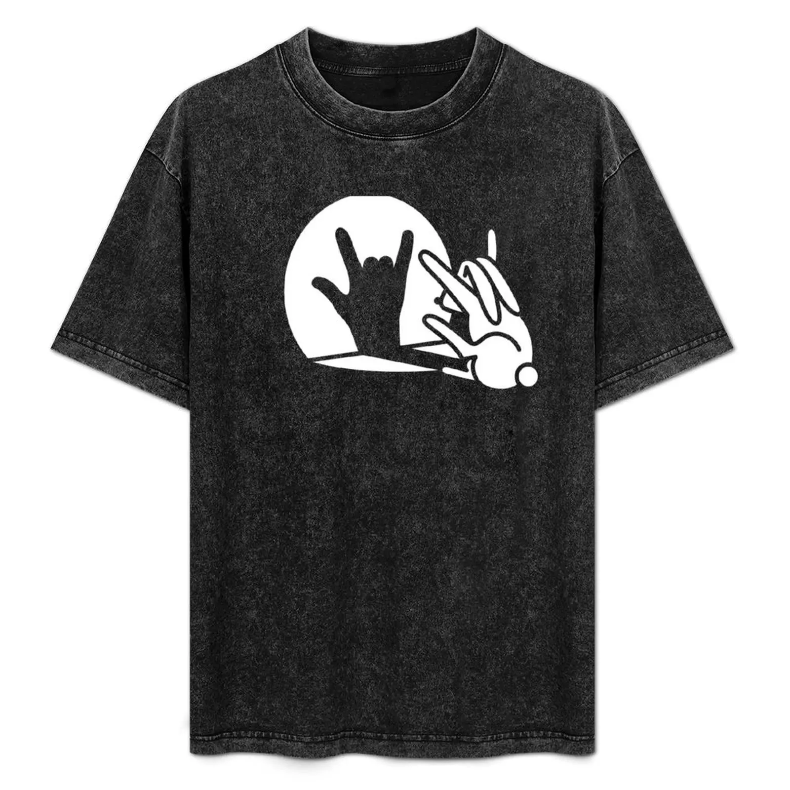 

Funny rabbit shadow hand cartoon ROCK music METAL T-Shirt Retro Style Print Casual Top