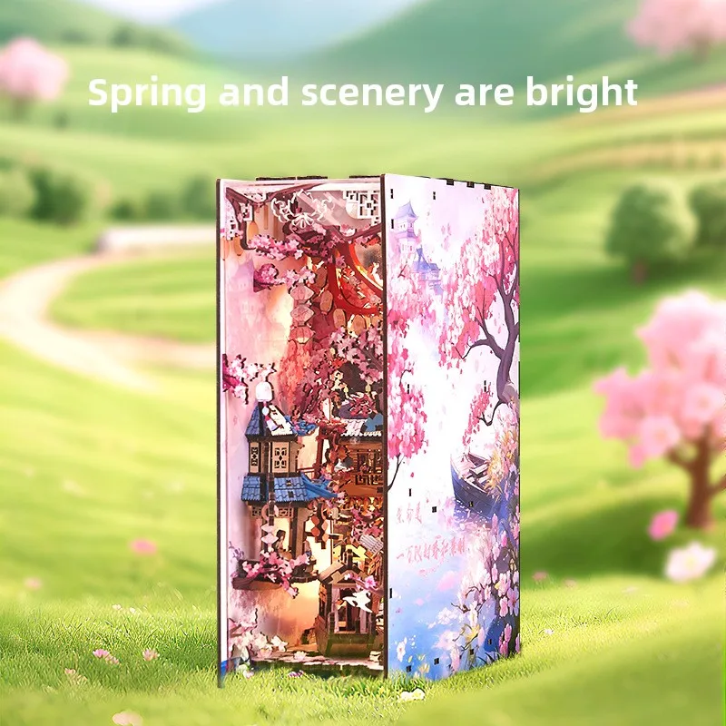DIY 3D Wooden Puzzle Bookend Spring Landscape Model Creative Desk Shelf Decor Birthday Present