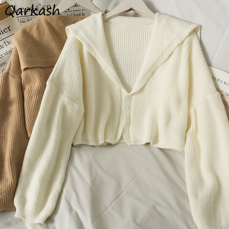 

Cardigan Women Sailor Collar Cropped Simple Korean Style Fashion Knitwear Cozy Spring College Vintage Popular Feminino Leisure