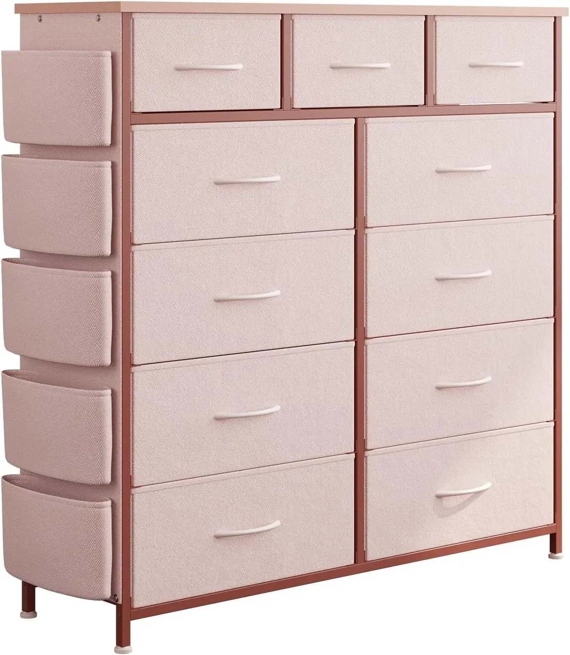 

Bedroom Dresser with 11 Drawer, Chests of Drawers with Side Pockets, Hooks Fabric Storage Drawer Steel Frame Wood Top