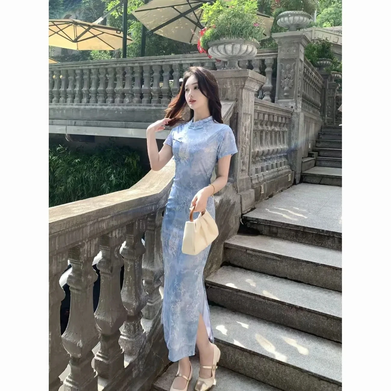 

New Retro Bamboo Leaf Blue Summer Slim Fit Chinese Style Dress New ChineseStyle Improved Daily TemperamentCheongsam
