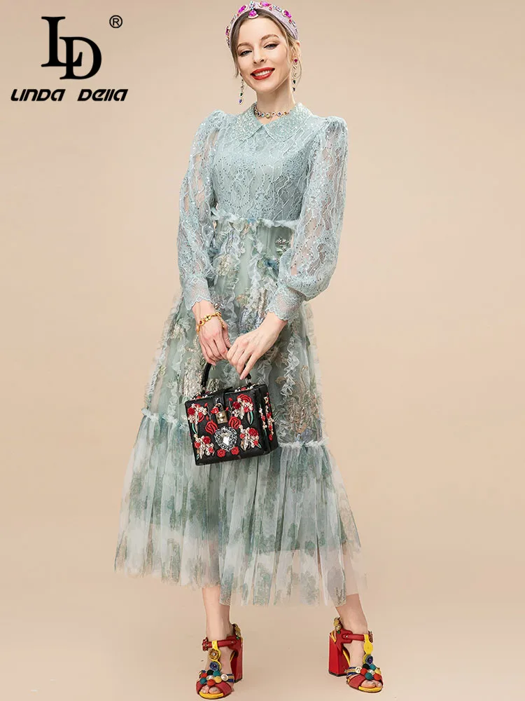 LD LINDA DELLA 2023 Designer Spring Dress Women Lantern Sleeve Lace Sequin Mesh Ruffle Patchwork Party Vintage Long Dresses