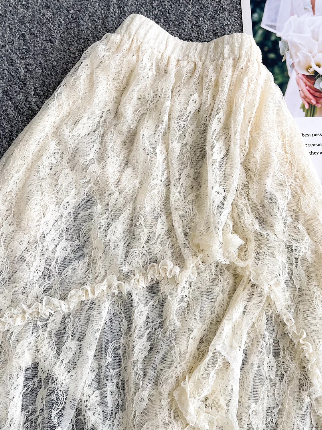 

French Sle High Waist Lace f Skirt Asymmetrical Hook Flower Design Thin Fabric Women's Spring Summer Ci Commute Skirt