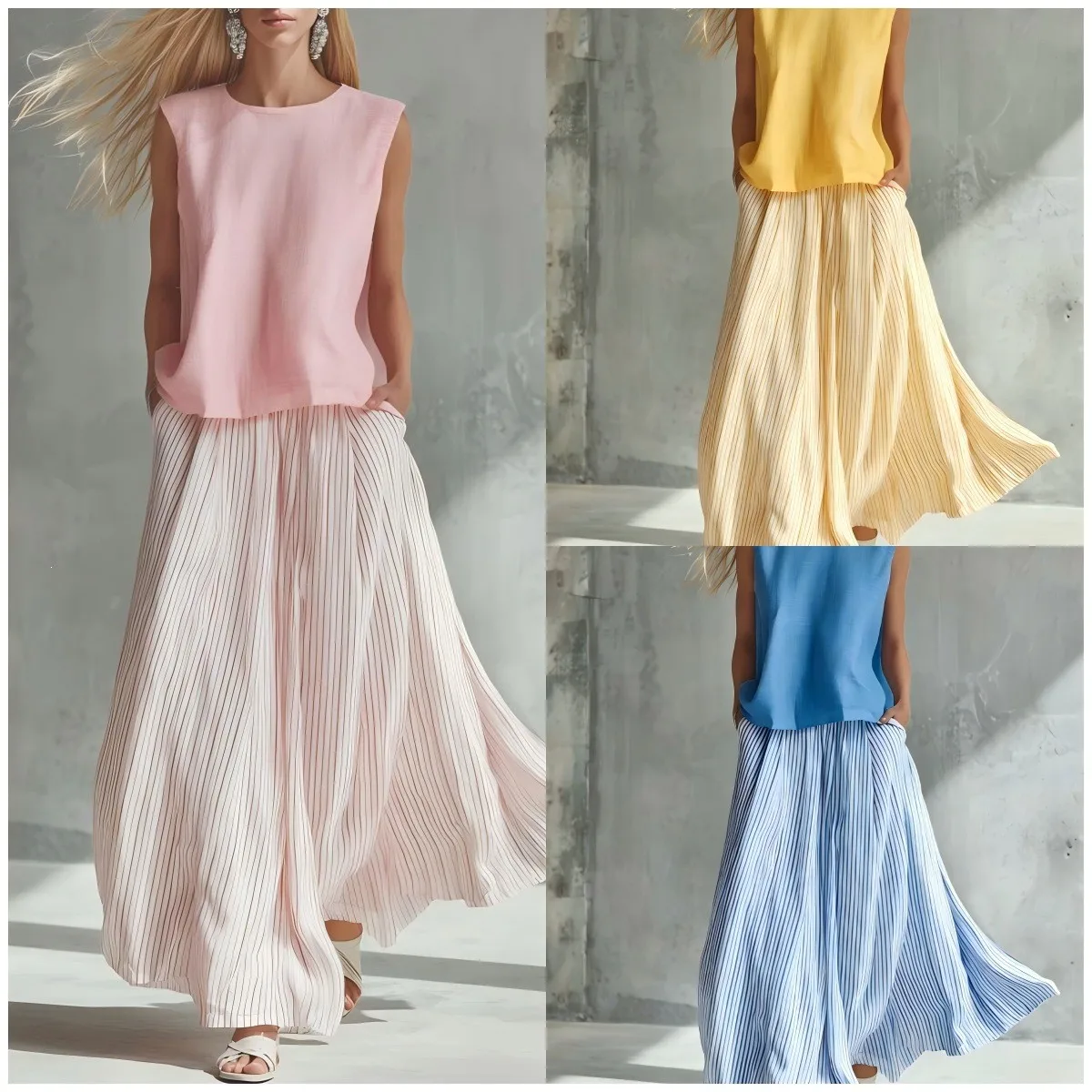 

2 Piece Set Dress Sleeveless Top Round Neck Tiered Skirt Dresses Printed Striped Pattern Maxi Dress Pastel Pink High Waist