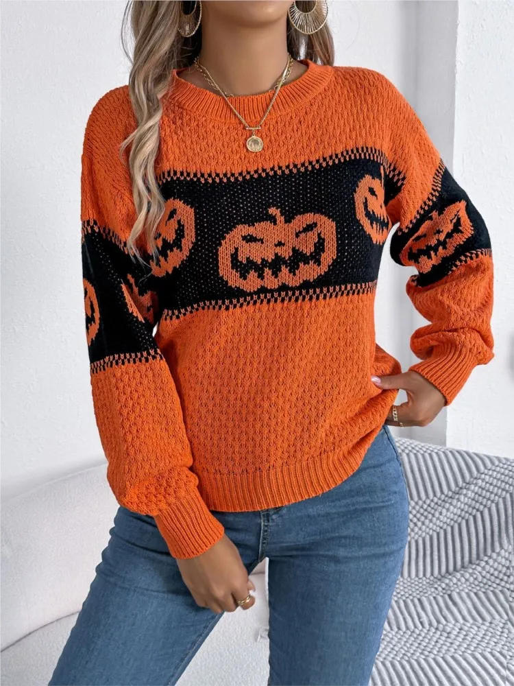 Casual Loose Halloween Ghost Pumpkin Autumn/Winter Knitted Sweater Winter Women's Tops New Contrasting Long Sleeve Pullover