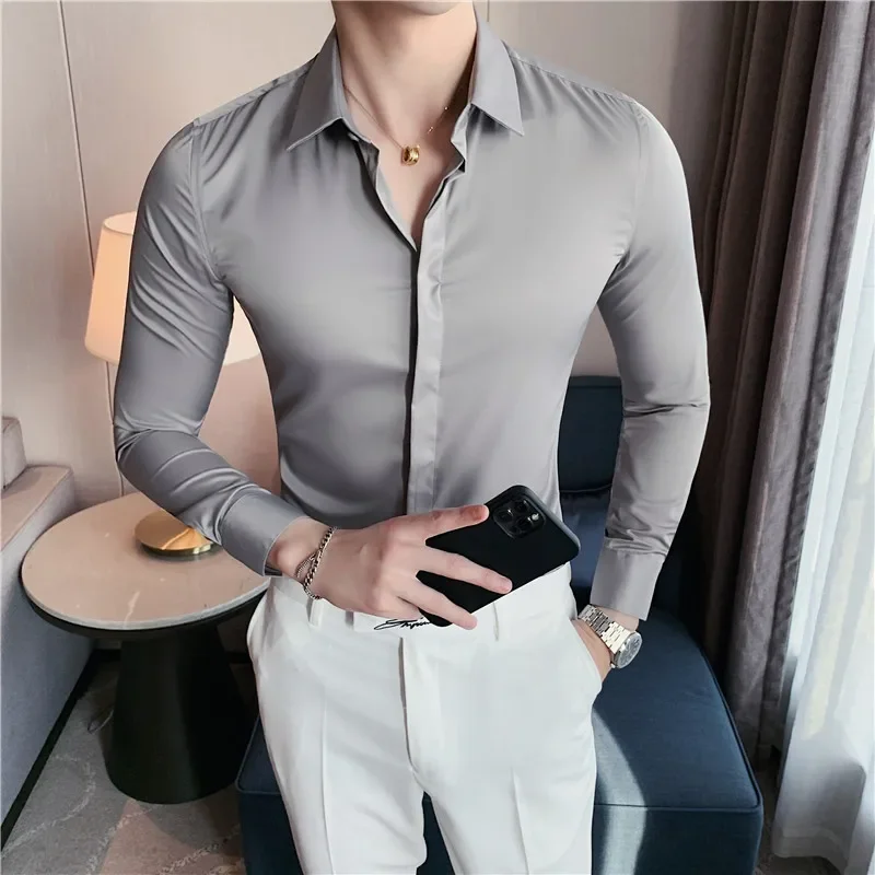 New Men\'s Shirt Luxury Repair Ball Gown Slim Solid Color Long Sleeve Shirt Streetwear