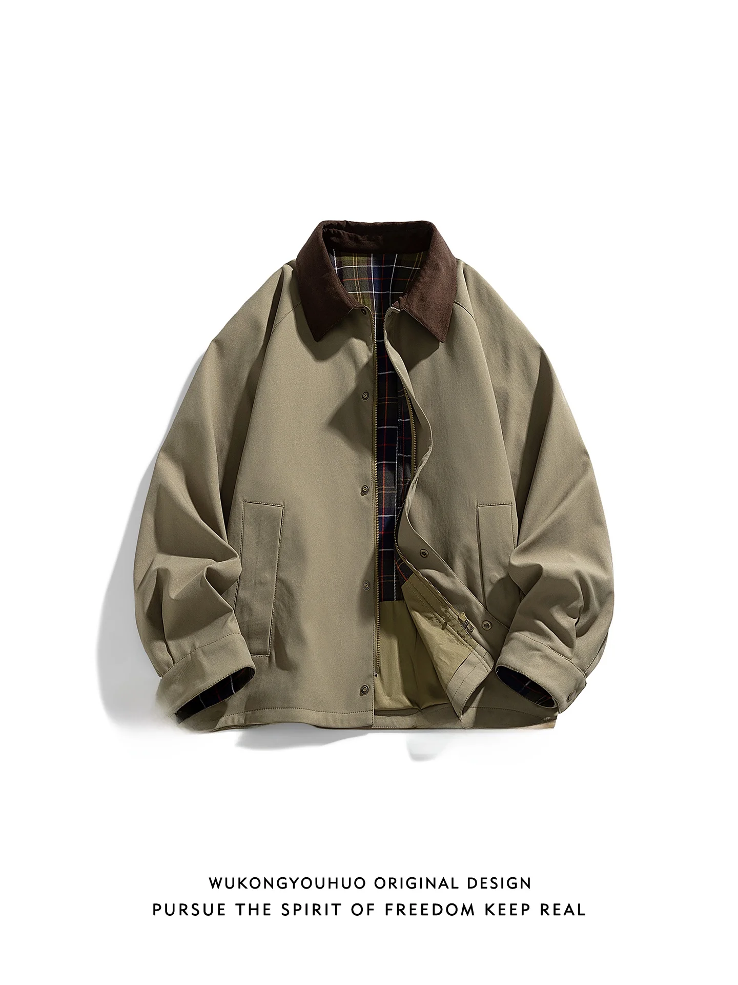 

Модная клетчатая куртка с цветными вставками и воротником, свободного кроя, повседневная, весенняя, винтажная, универсальная, молодежная, из полиэстера, с длинными рукавами, на молнии