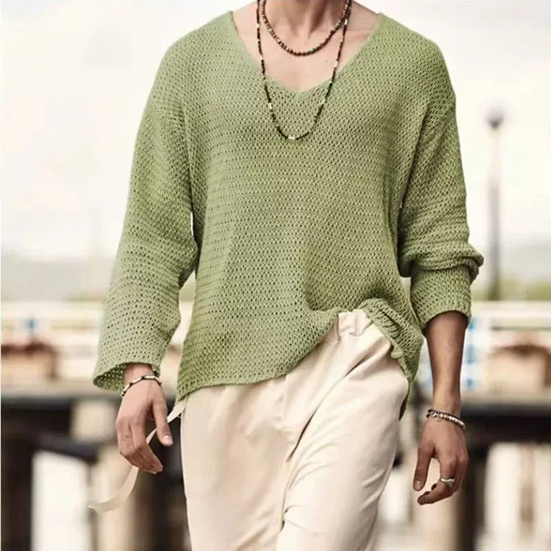 

2025 New Men's Loose Long Sleeve Casual Hollow Knitted Sweater Outer Shirt Fashion Versatile Top