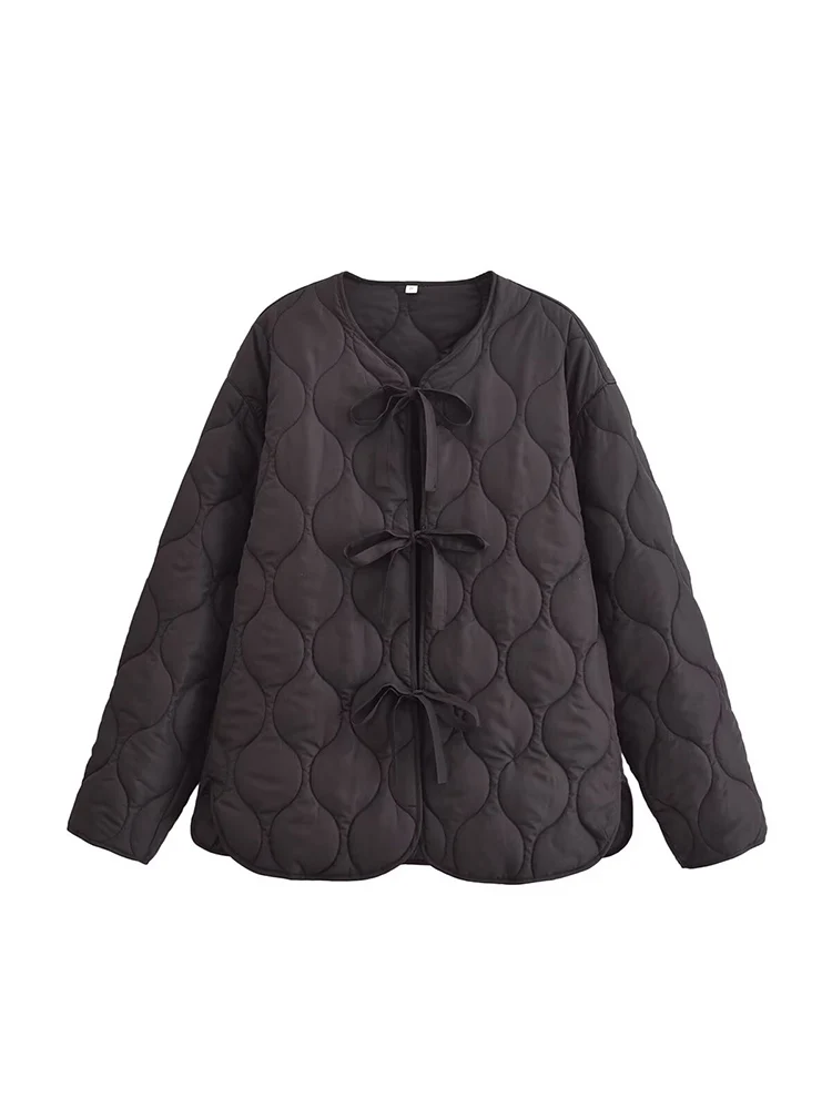 TRAF2024 diamond pattern quilted light simple loose bowknot round neck long sleeve cotton jacket coat women