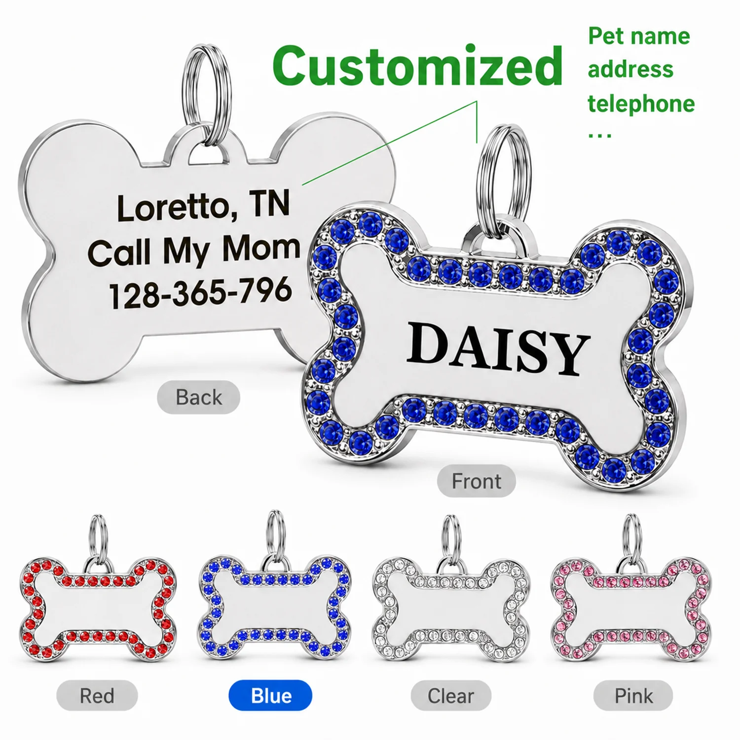 Personalisierte Hundemarke mit individuellem Text, Namensschild für Haustiere in Knochenform, lasergraviert, aus Legierung, Halsbandanhänger, personalisierte Namens-Hundemarken