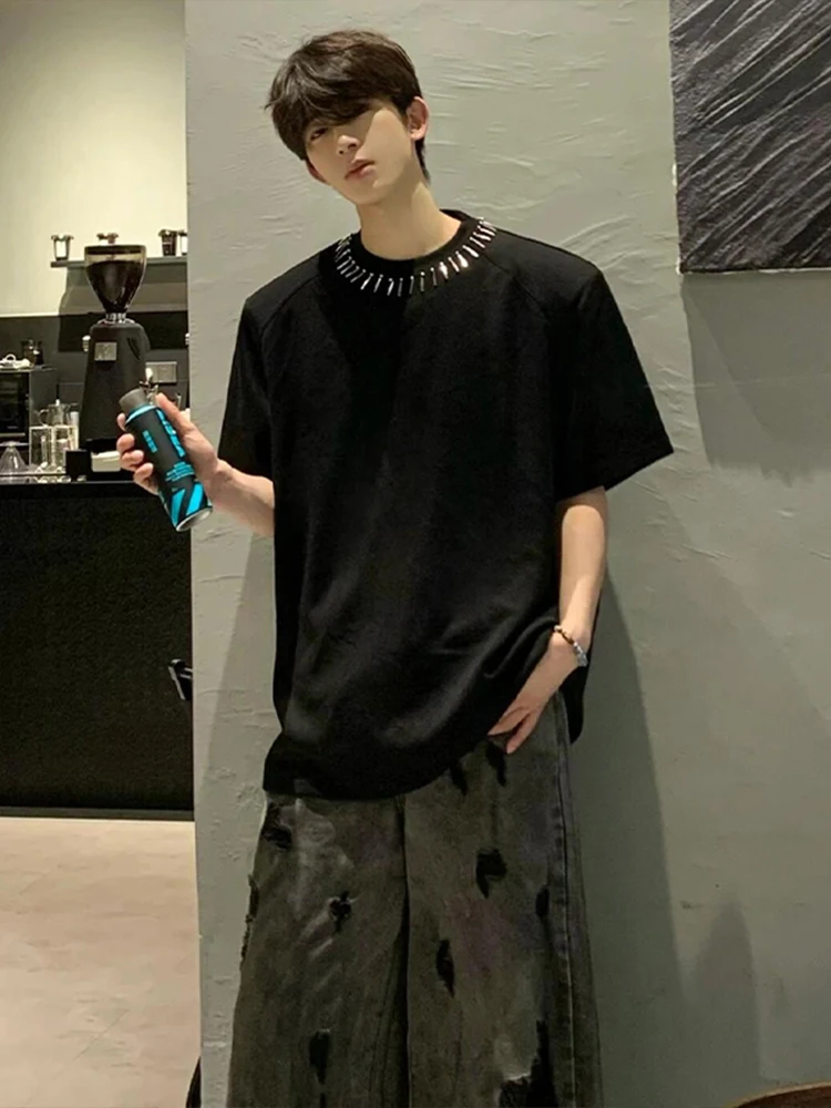 American High Street Padded Shoulder Short Sleeve Men's Summer Trendy Metal Decoration Handsome Shoulder T-shirt Design Sense...