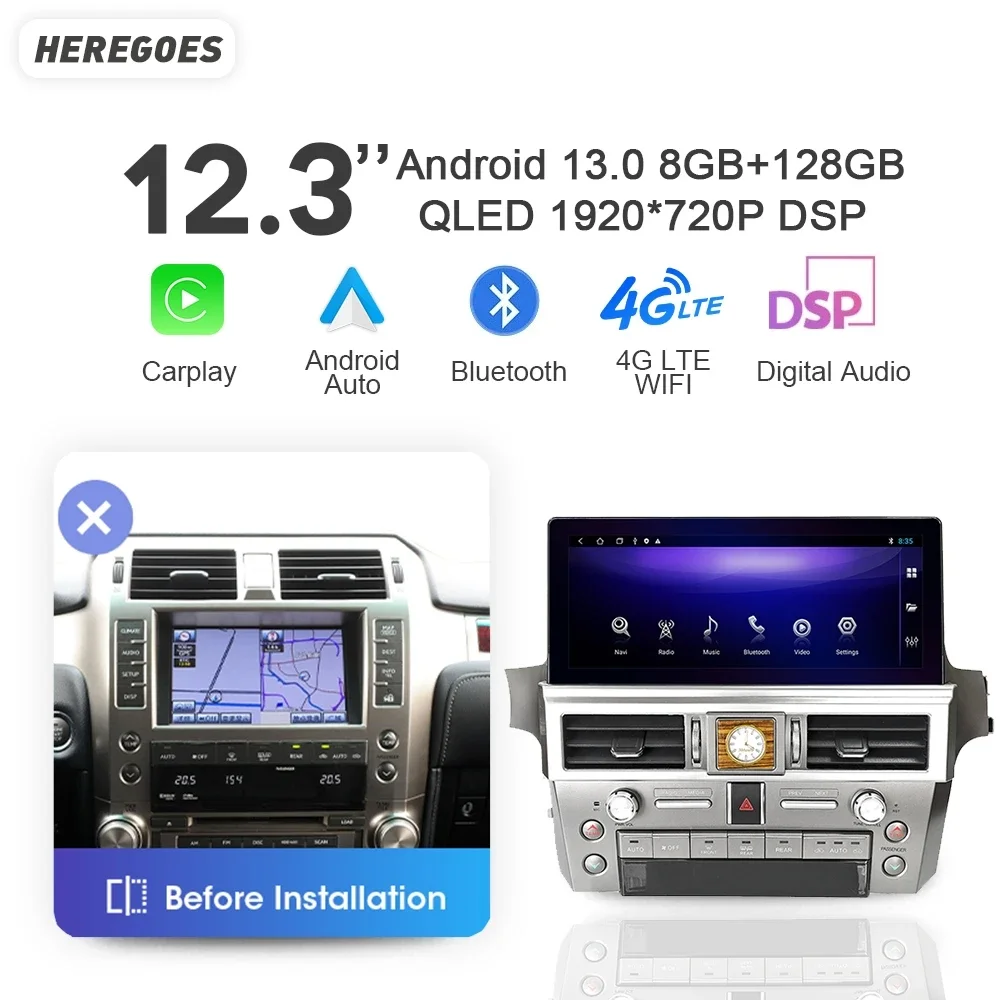 

12.3" Auto Android 13 6G+128GB Car Radio Multimedia Player Carplay Navigation Bluetooth Wifi For Lexus GX400 GX460 2010 - 2020