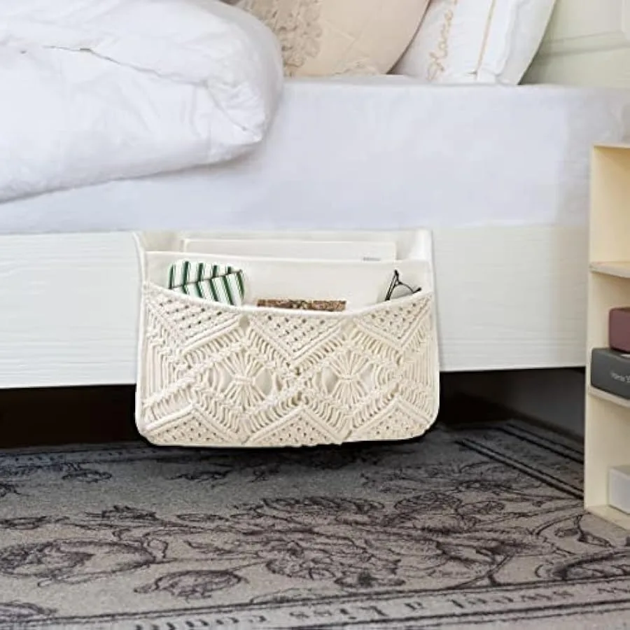 Mkono Macrame Bedside Caddy Storage Organizer Boho Remote Control Tablet Magazine Holder for Home Bedroom Living Room College D