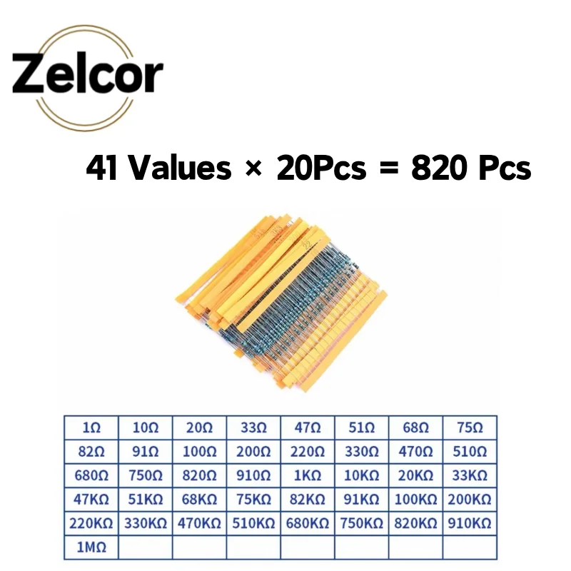 2600pcs Metal Film Resistors Assorted Pack 130 Values 1/4W 0.25W 1% Fixed Resistor Kit Set Metal Film Resistors Assorted