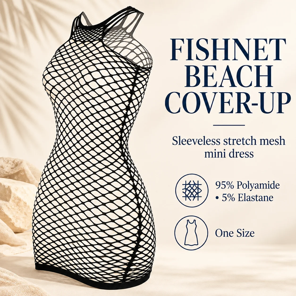 Women's Diamond Fishnet Beach Cover Up Mini Dress Sleeveless Stretch Mesh Swimwear Layer Blue Black Rose Red One Size