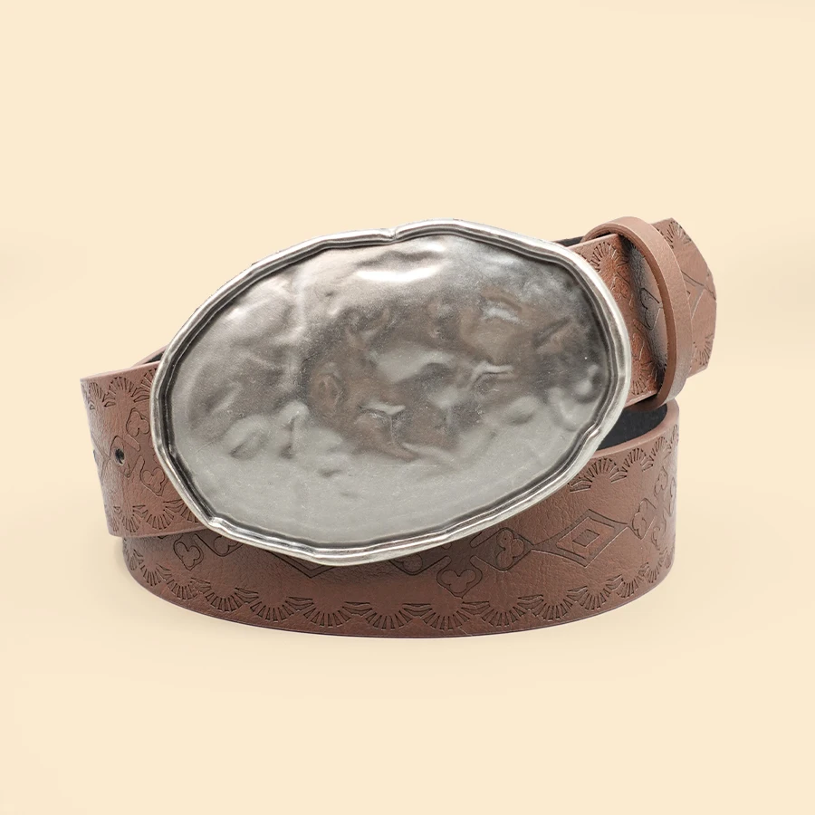 Brown Vintage Printed Casual Pu Belt - Distressed Oval Buckle Design, Classic Decorative Waistband